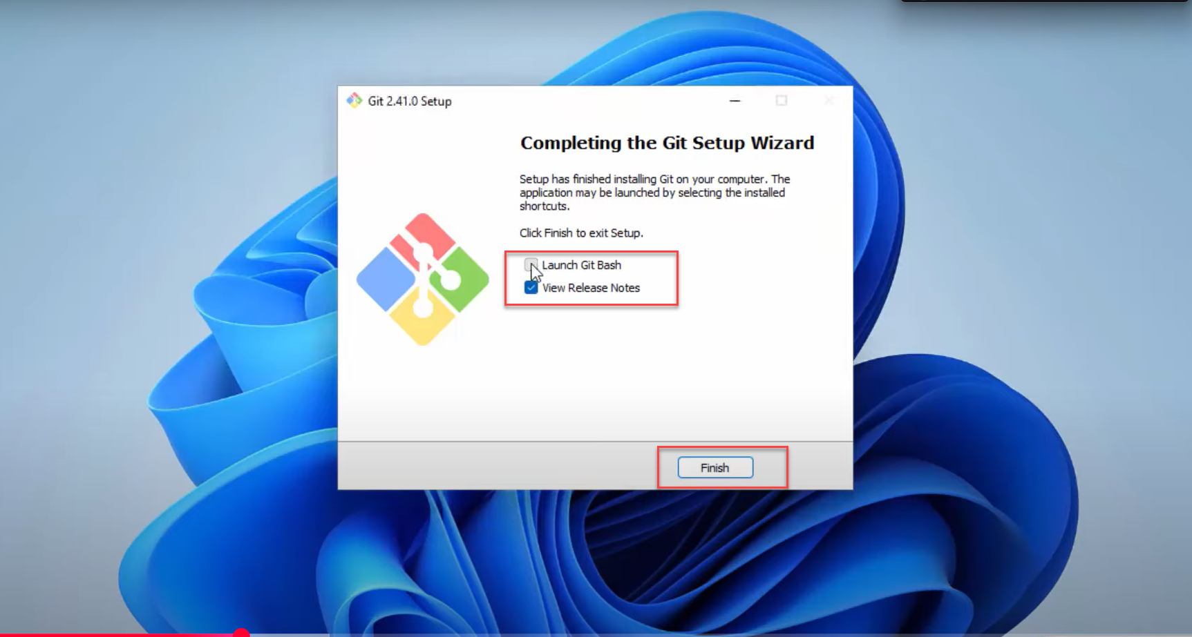 Completing the Git Setup Wizard with Launch Git Bash and Finish highlighted